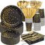 Black and gold decorative Party Tableware Set 80pcs for birthday and wedding, includes plates, cups, utensils, eco-friendly party supplies.