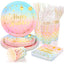 Rainbow Party Tableware Set 80pcs with plates, cups, and napkins for birthday party decorations.