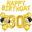 Happy 30th Birthday -9 pcs party supplies with gold foil balloons, birthday banner, and confetti for themed celebrations.