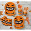 Party Paradise Store Halloween tableware set with pumpkin-faced plates, cups, napkins, and orange cutlery for 10 guests