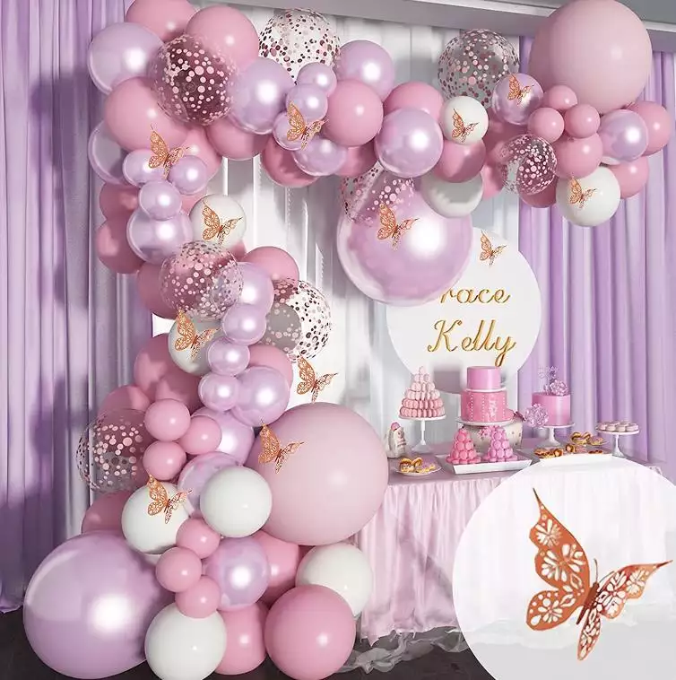 Macaron Pink Metallic Pink 3D Butterfly 102pcs balloon garland kits for party decorations and event party accessories.