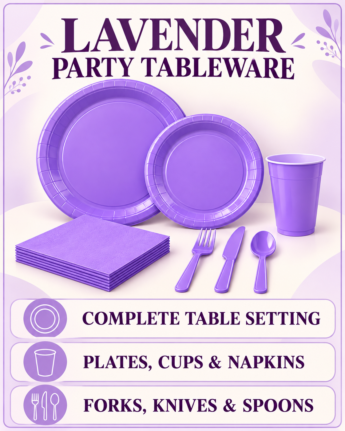 Party Paradise Store 141-piece lavender purple disposable tableware set with plates, cups, napkins, and cutlery.