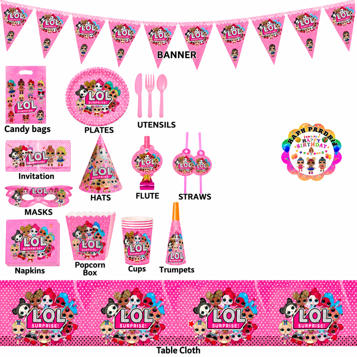 LOL Surprise Doll Tableware 136pc for Kids Birthday Party