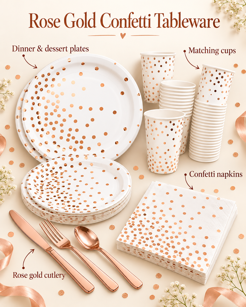 White and Rose Gold Party Tableware Sets 80pcs for Birthday