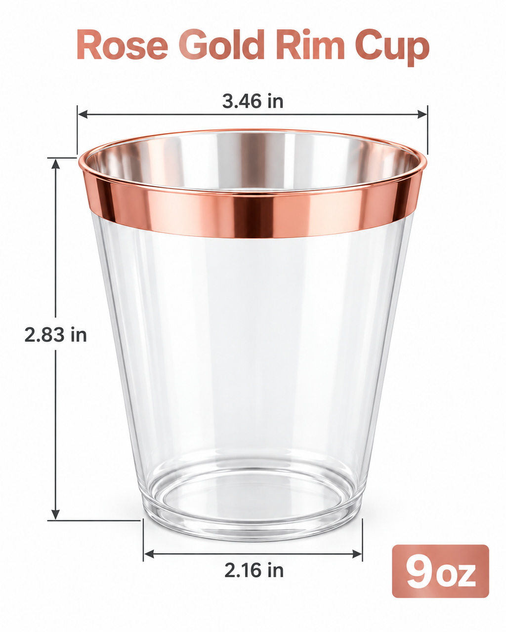 Rose Gold Rimmed Transparent Plastic Cup Single Wall Disposable Champagne Glass 9 oz for Party Wedding 20 PCS