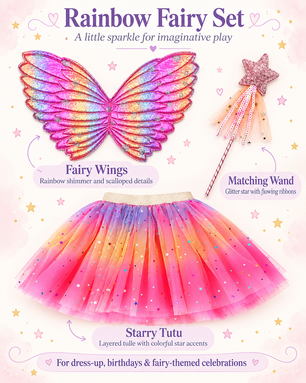 Girls Ombre Glitter Tutu with wings 3pcs set for birthday, costume or cosplay