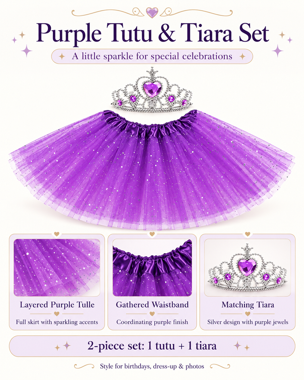 Tutu Skirt Set with Matching Tiara 2 PCS Set in Purple for Birthday Dress-up or Cosplay