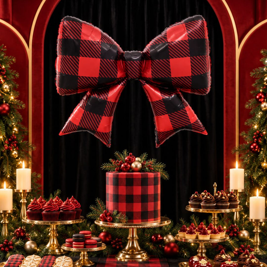 The Christmas Bow Balloon 93.3cm x 76.1cm Buffalo Plaid/Red Black Gingham Balloon for Christmas Party Family Photoshoot