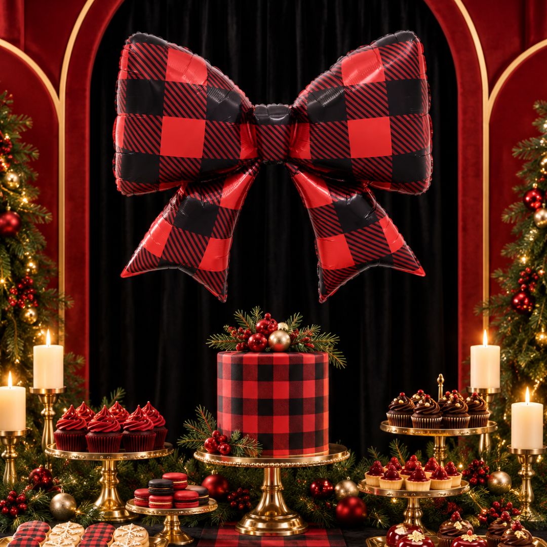 The Christmas Bow Balloon 93.3cm x 76.1cm Buffalo Plaid/Red Black Gingham Balloon for Christmas Party Family Photoshoot