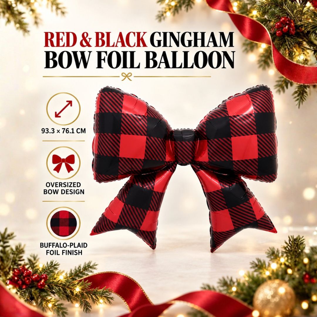The Christmas Bow Balloon 93.3cm x 76.1cm Buffalo Plaid/Red Black Gingham Balloon for Christmas Party Family Photoshoot