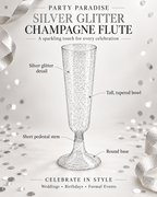 Silver Glitter Flutes 20 Pack Disposable Glasses 5oz Clear Plastic Mimosa Glasses Wedding Cocktail Cups Bulk for New Years Eve Party Supplies Engagement Birthday Decorations