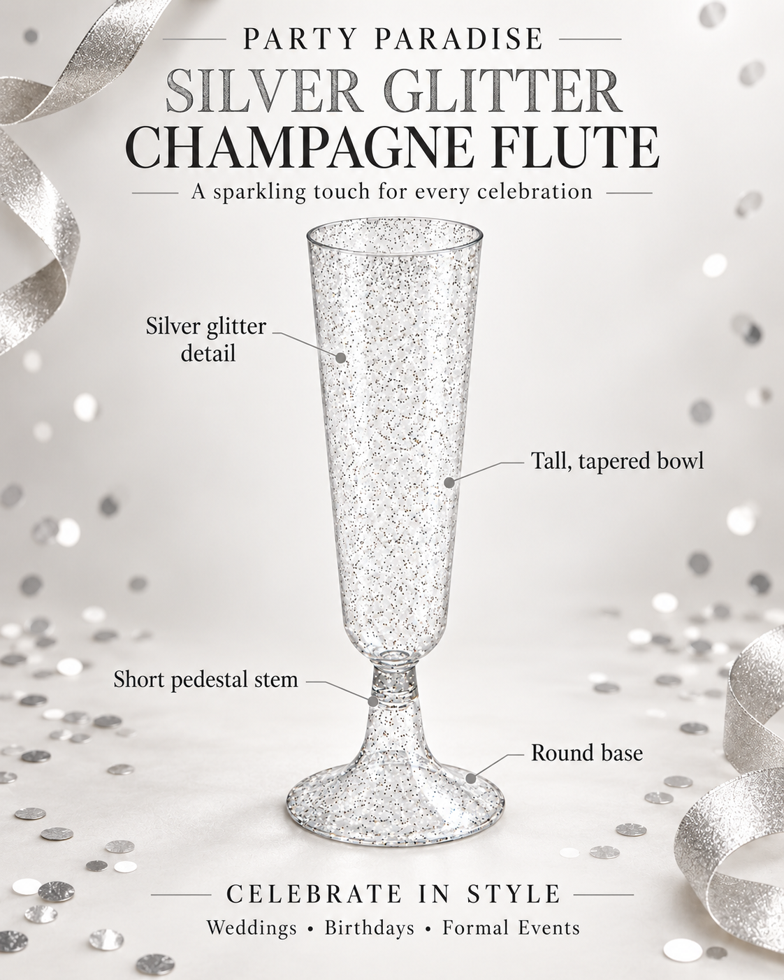 Silver Glitter Flutes 20 Pack Disposable Glasses 5oz Clear Plastic Mimosa Glasses Wedding Cocktail Cups Bulk for New Years Eve Party Supplies Engagement Birthday Decorations