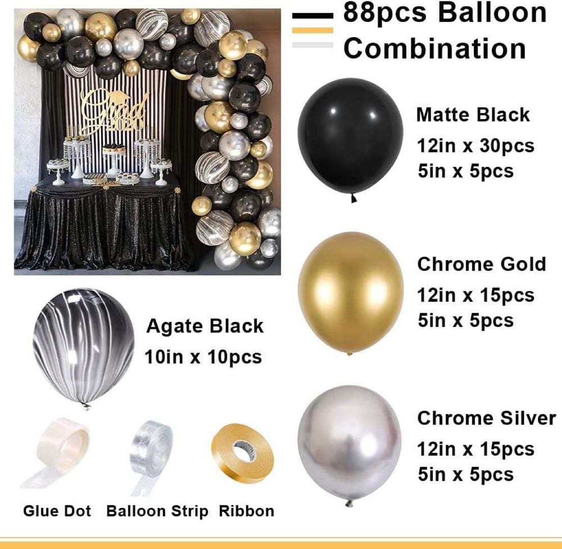 Matte Black, Metallic Gold, Agate Black 120 pcs Balloon Garland Kit