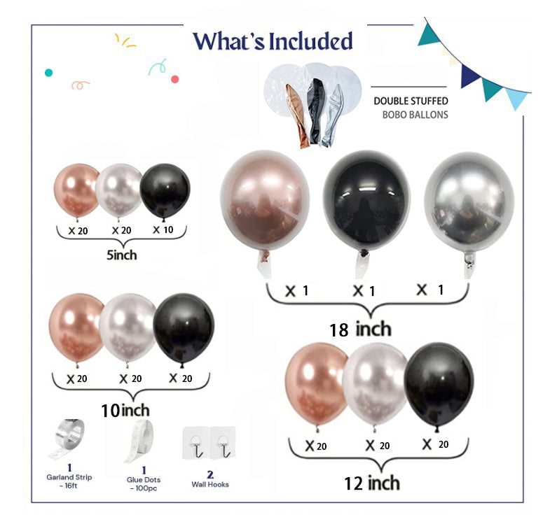 Black Silver Rose Gold Chrome Balloon Garland Kit-176 Piece for Graduation Weddings Birthdays Anniversary