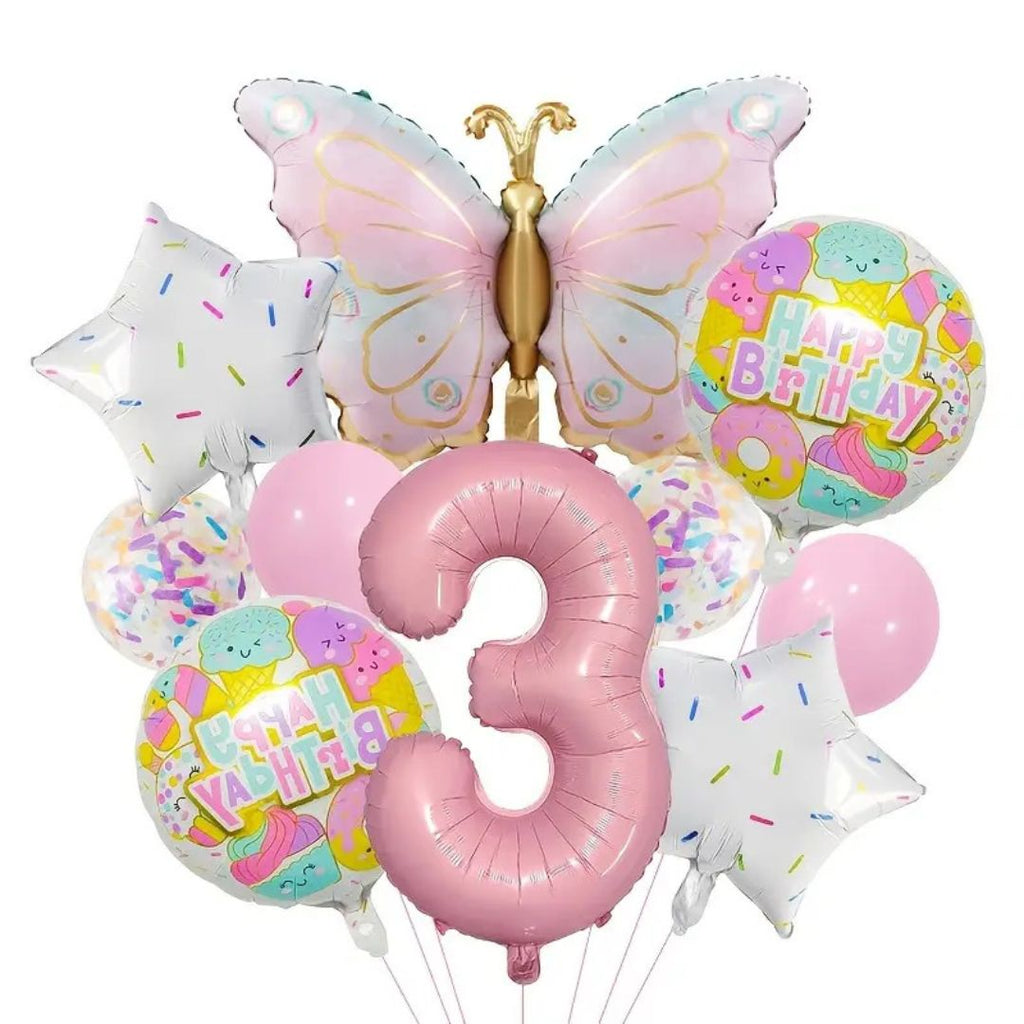 Pink Number Balloon Set Pink with Butterfly Balloons Circular Balloons Star Themed Parties  for Girls' Birthdays Party