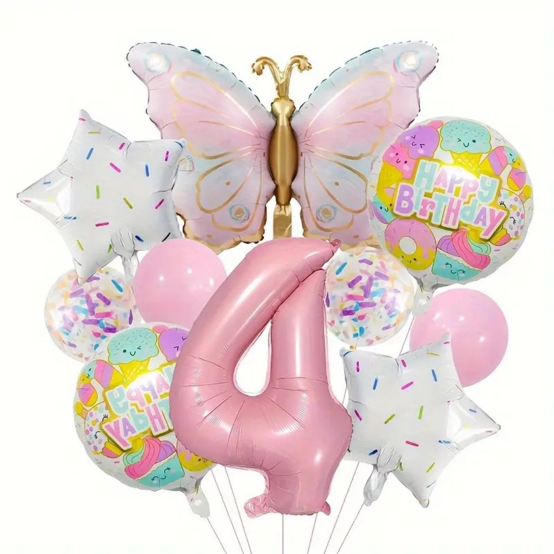 Pink Number Balloon Set Pink with Butterfly Balloons Circular Balloons Star Themed Parties  for Girls' Birthdays Party