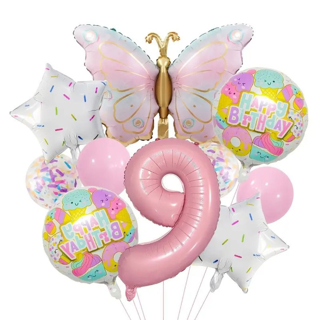 Pink Number Balloon Set Pink with Butterfly Balloons Circular Balloons Star Themed Parties  for Girls' Birthdays Party