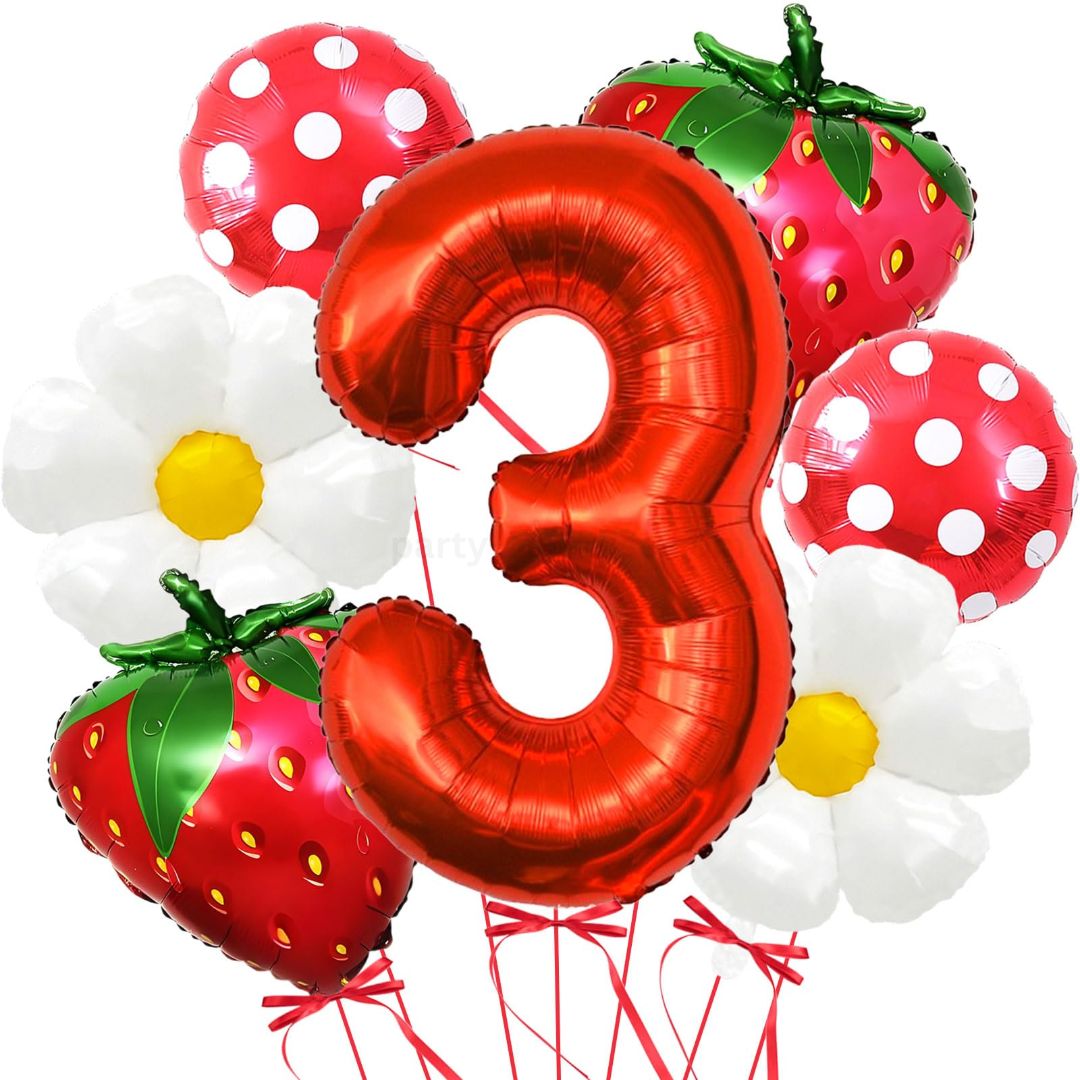 Strawberry Birthday Balloons, 9PCS Strawberry Birthday Balloon Decorations with 32" Red Number Balloon for Girls Strawberry Themed Birthday Party Supplies