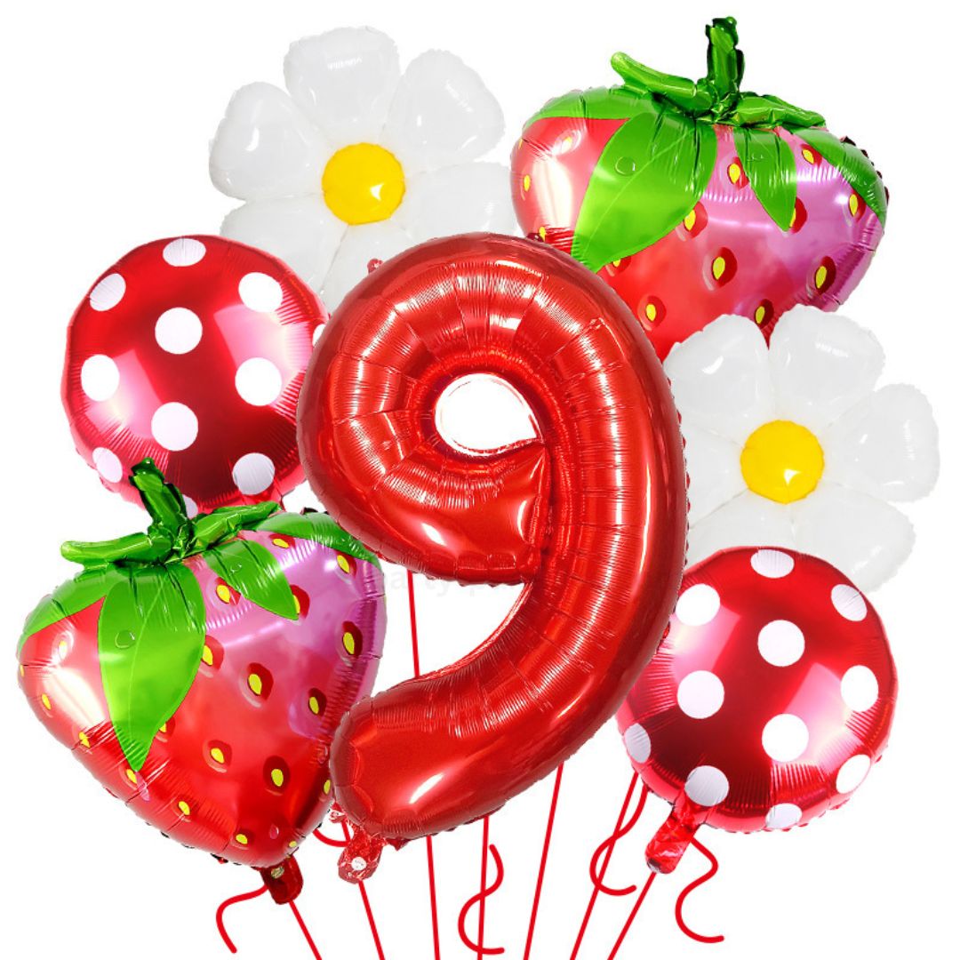 Strawberry Birthday Balloons, 9PCS Strawberry Birthday Balloon Decorations with 32" Red Number Balloon for Girls Strawberry Themed Birthday Party Supplies