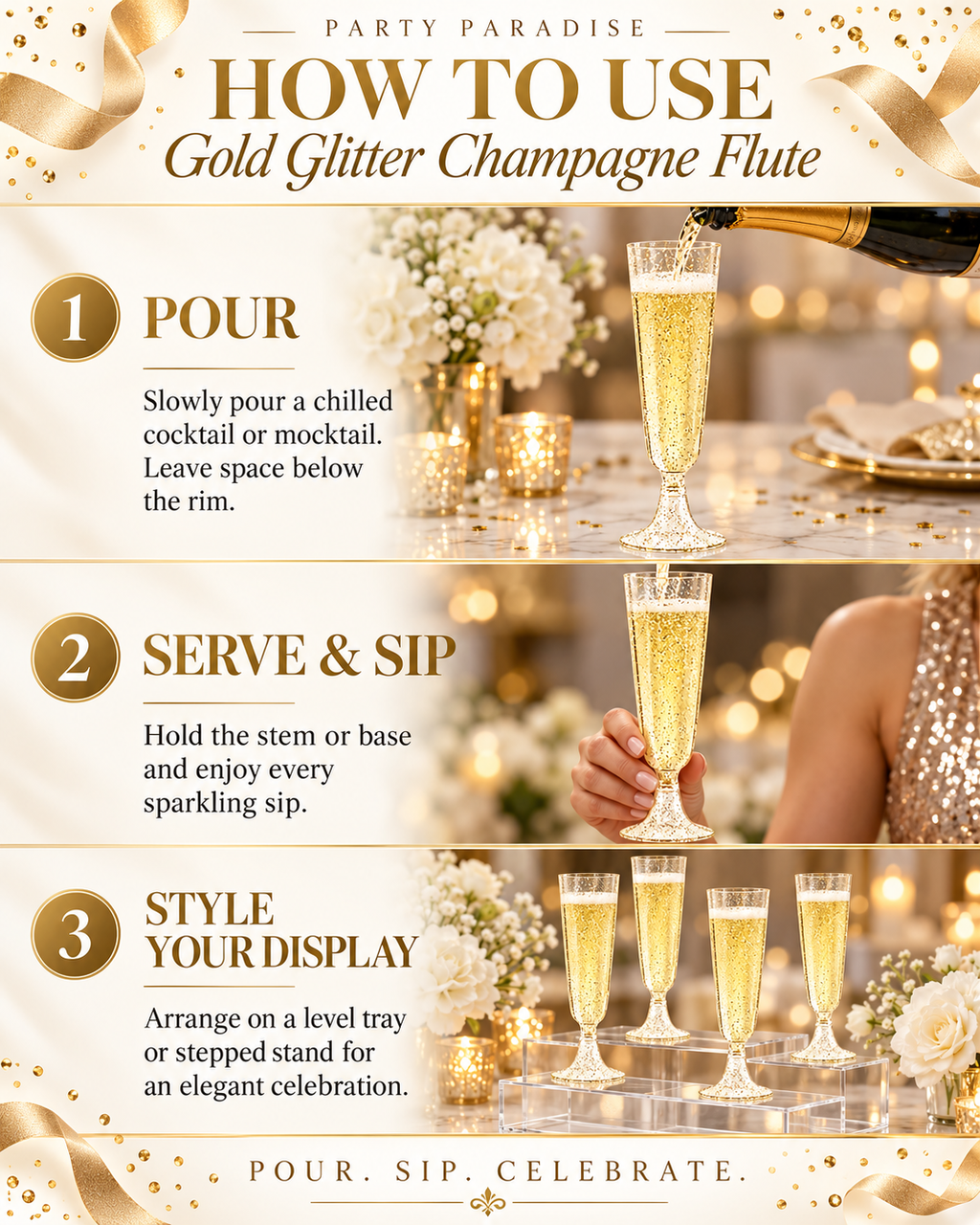 Gold Glitter Flutes 20 Pack Disposable Glasses 5oz Clear Plastic Mimosa Glasses Wedding Cocktail Cups Bulk for New Years Eve Party Supplies Engagement Birthday Decorations
