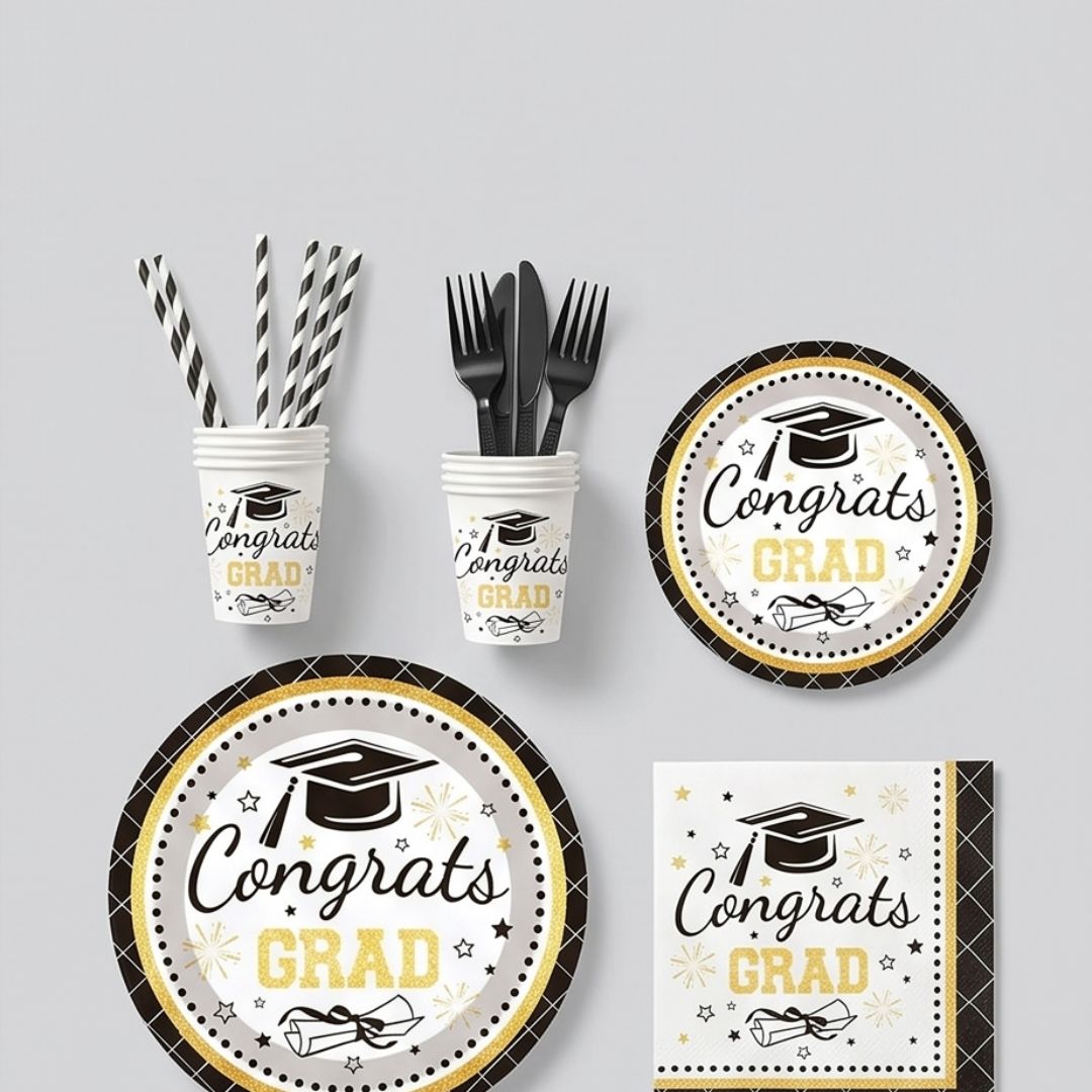 92pcs Graduation Plates and Napkins Set, 2026 Congrats Grad Disposable Tableware Set include Graduation Cap Paper Plate Napkins Cups Forks for Grad Party Supplies, Serve for 10 Guests (Black)Graduation Tableware Set