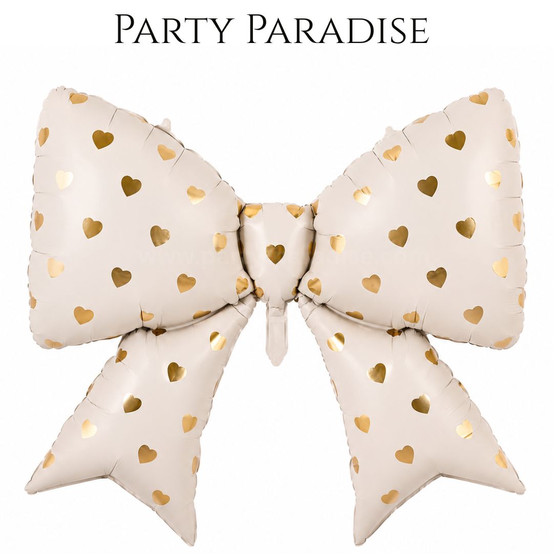 Bow Cream Balloons 38 Inch Bow Foil Mylar Balloons with gold hearts, Coquette Balloon for Girl Birthday Gender Reveal Baby Shower Wedding Decorations