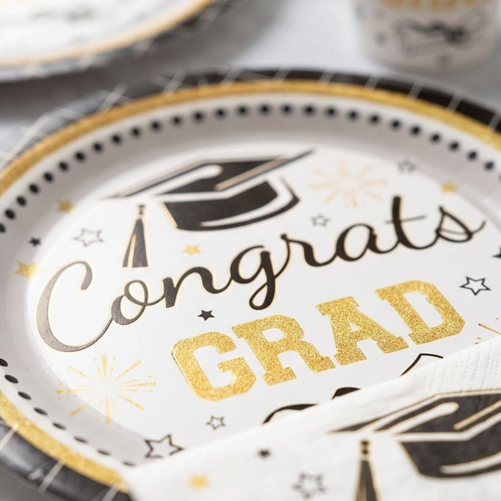 92pcs Graduation Plates and Napkins Set, 2026 Congrats Grad Disposable Tableware Set include Graduation Cap Paper Plate Napkins Cups Forks for Grad Party Supplies, Serve for 10 Guests (Black)Graduation Tableware Set