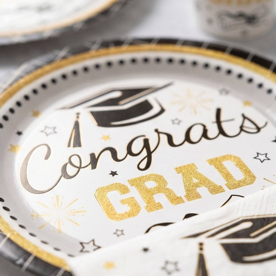 92pcs Graduation Plates and Napkins Set, 2026 Congrats Grad Disposable Tableware Set include Graduation Cap Paper Plate Napkins Cups Forks for Grad Party Supplies, Serve for 10 Guests (Black)Graduation Tableware Set
