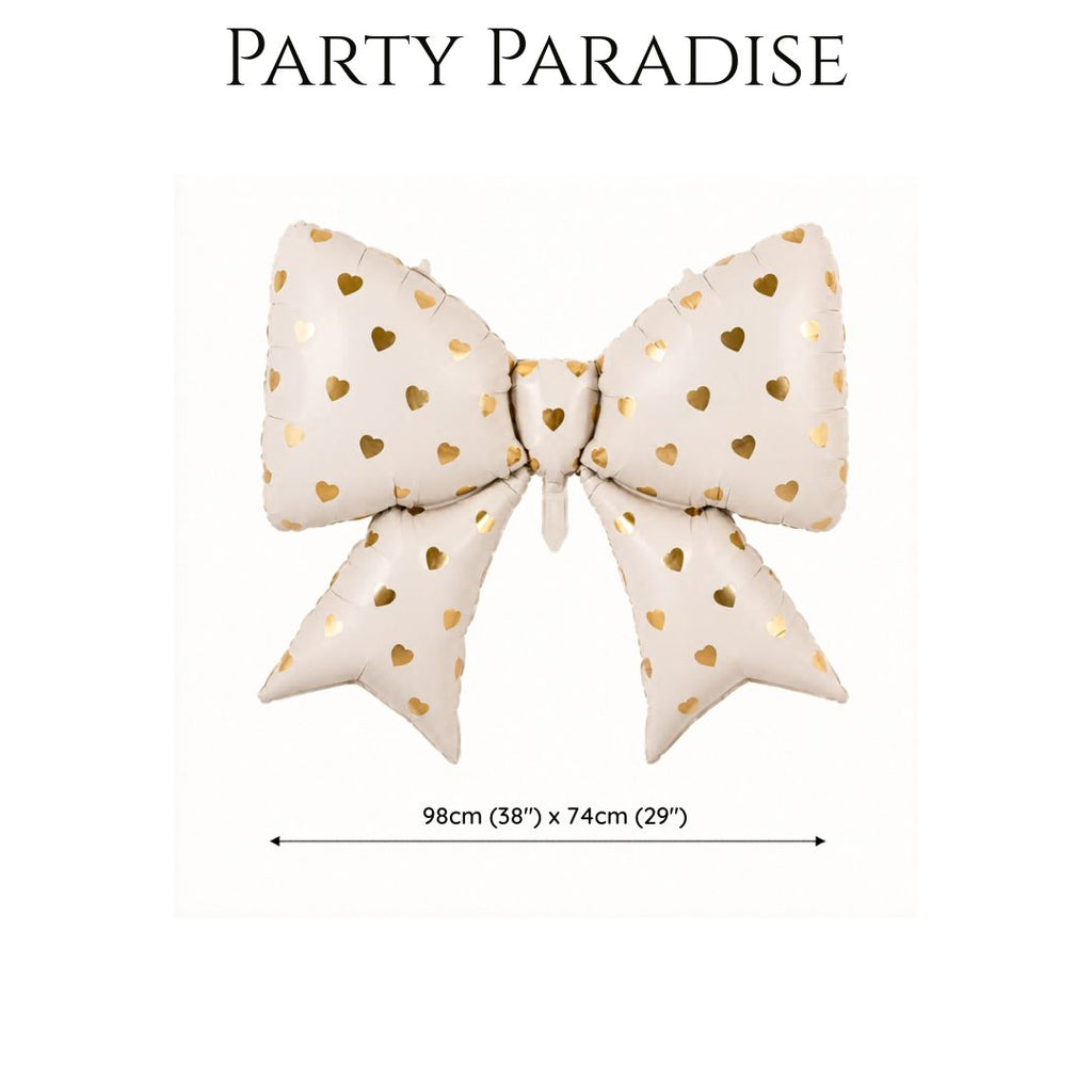 Bow Cream Balloons 38 Inch Bow Foil Mylar Balloons with gold hearts, Coquette Balloon for Girl Birthday Gender Reveal Baby Shower Wedding Decorations