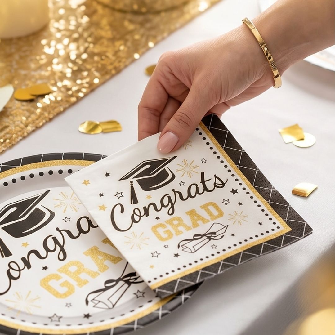 92pcs Graduation Plates and Napkins Set, 2026 Congrats Grad Disposable Tableware Set include Graduation Cap Paper Plate Napkins Cups Forks for Grad Party Supplies, Serve for 10 Guests (Black)Graduation Tableware Set Main image