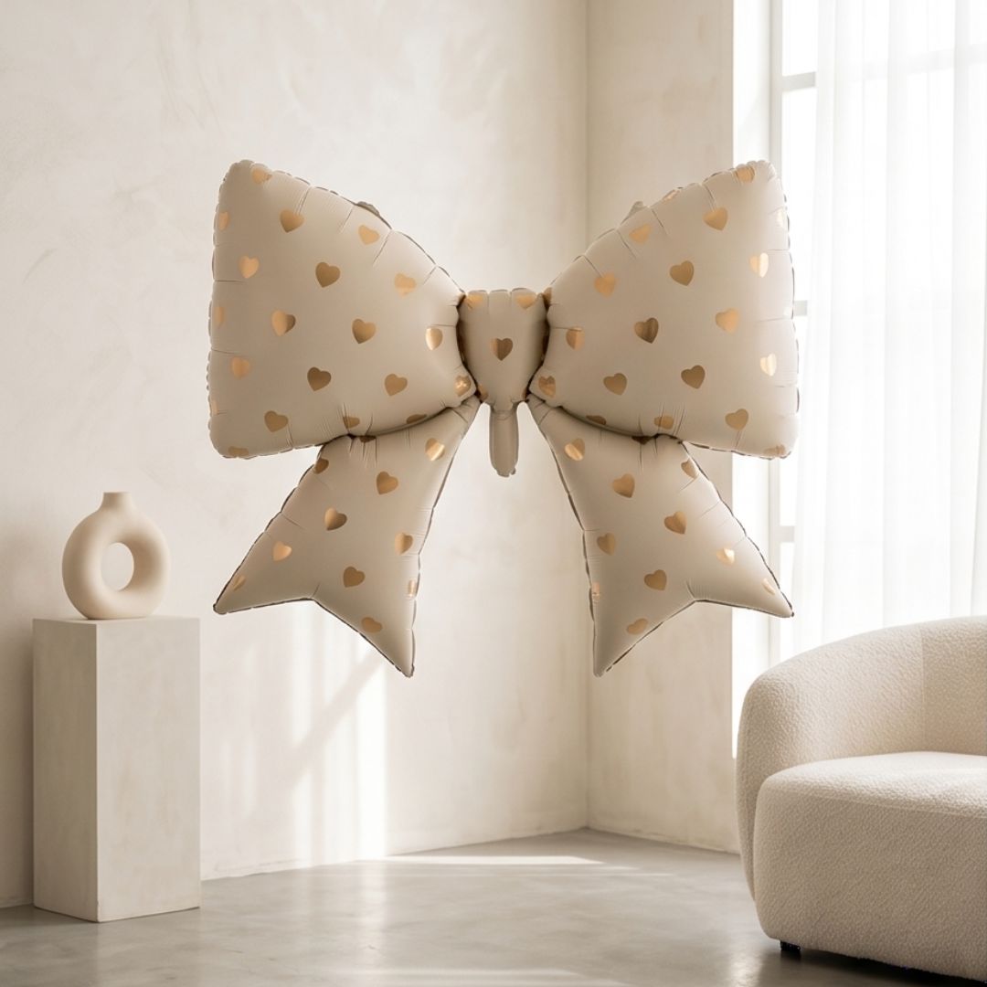 Bow Cream Balloons 38 Inch Bow Foil Mylar Balloons with gold hearts, Coquette Balloon for Girl Birthday Gender Reveal Baby Shower Wedding Decorations