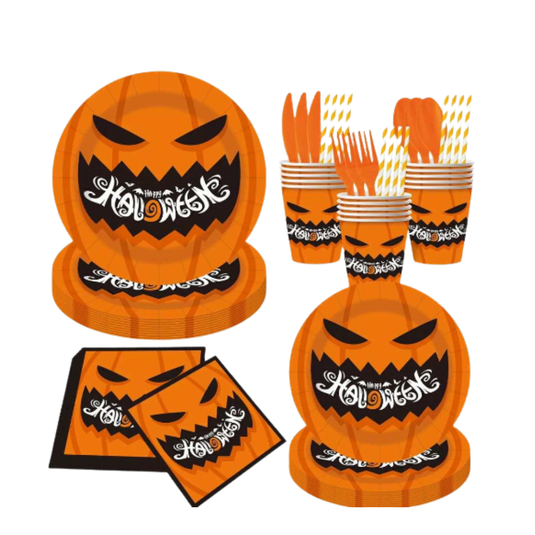 Halloween themed plate set that includes plates, cup, napkin and more for 10 guests Main image