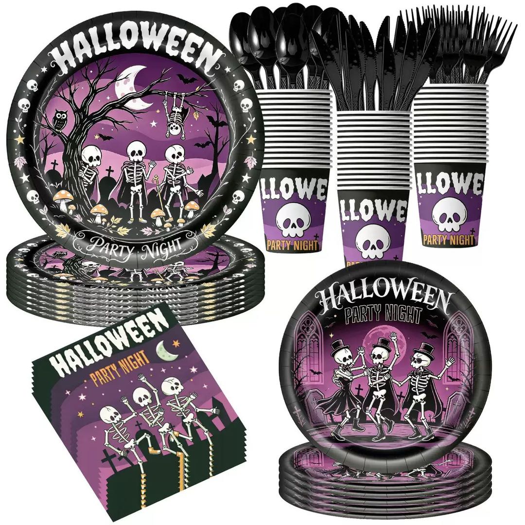 Halloween themed black and purple plate, cup, napkins set for 10 guests