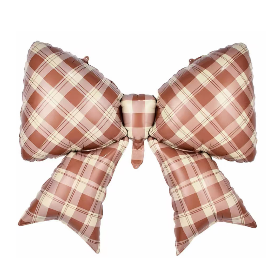 Fall Gingham Plaid Bow 38.58 in x 29.13 in brown foil balloon for fall birthdays, fall parties, Thanksgiving dinner parties, brown theme parties. Main image