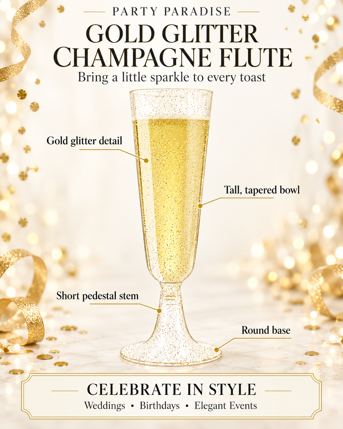 Gold Glitter Flutes 20 Pack Disposable Glasses 5oz Clear Plastic Mimosa Glasses Wedding Cocktail Cups Bulk for New Years Eve Party Supplies Engagement Birthday Decorations