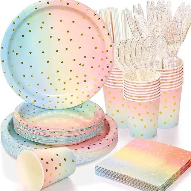 Pastel polka dot party tableware set with plates, cups, and napkins, perfect for themed birthday parties and celebrations.