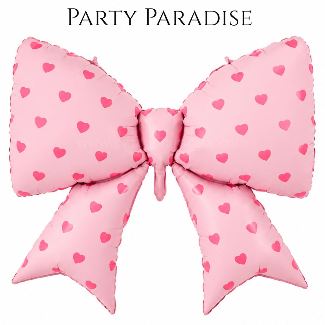 Bow Balloons 38 Inch Bow Foil Mylar Balloons Light Pink with pink hearts, Coquette Balloon for Girl Birthday Gender Reveal Baby Shower Wedding Decorations Main image