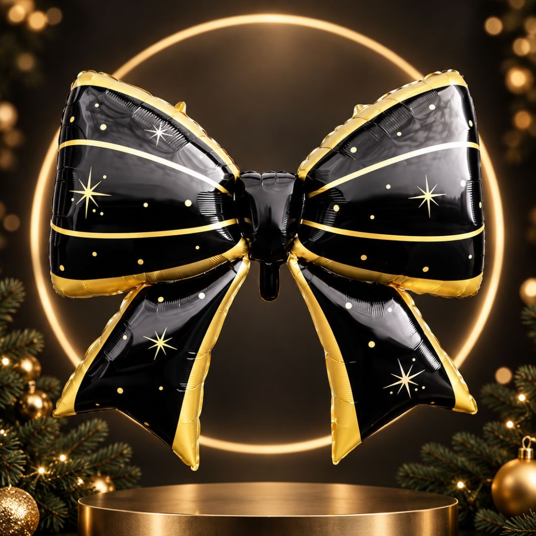 Black Gold Bow Christmas Balloon for Holiday Party, Family Photoshoot