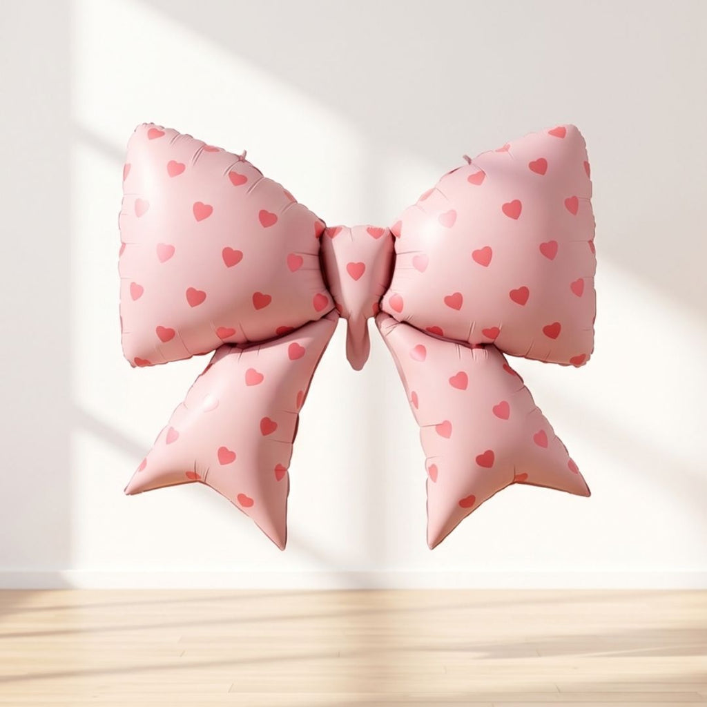 Bow Balloons 38 Inch Bow Foil Mylar Balloons Light Pink with pink hearts, Coquette Balloon for Girl Birthday Gender Reveal Baby Shower Wedding Decorations