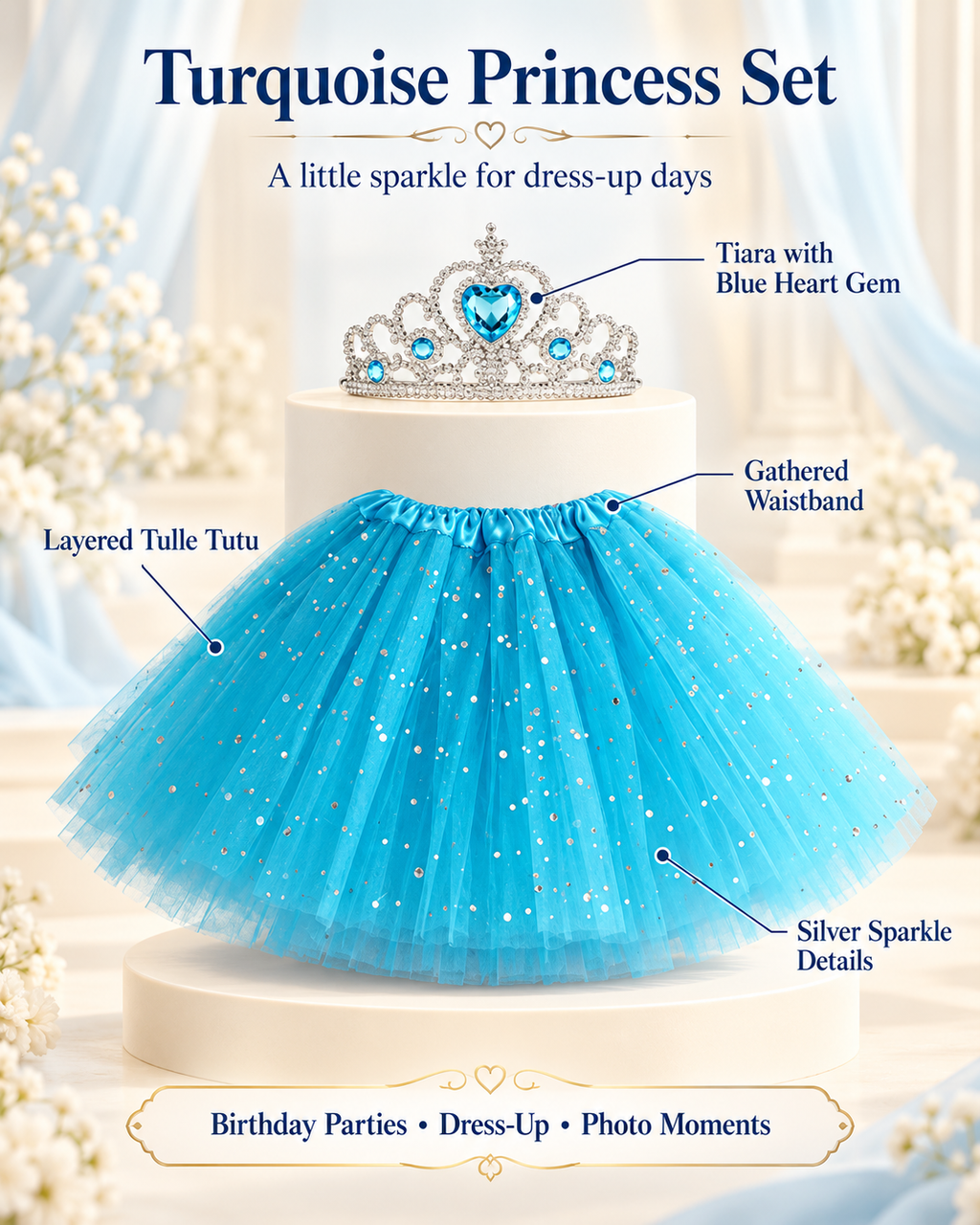 Blue tutu with tiara 2 pcs set for birthdays dress up cosplay