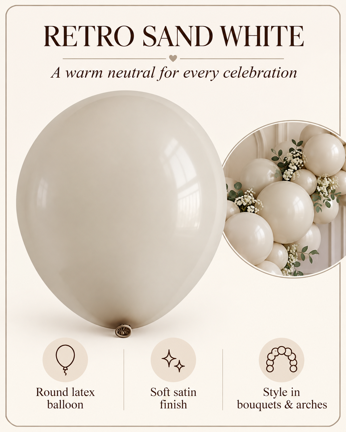 Retro Balloon Natural Latex Rubber in 12&5 inches "Sand White" perfect for Birthdays, Parties, Weddings, Holidays