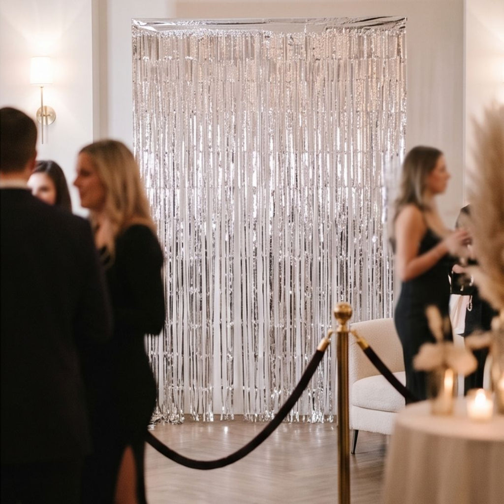 2 Pack 3.3x7.05 Feet Silver Foil Fringe Backdrop Curtains, Tinsel Streamers, Fringe Backdrop for 2026 New Years Eve, Graduation, Birthday, Baby Shower, Gender Reveal, Disco Party