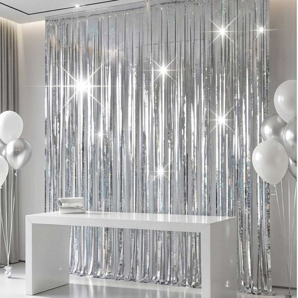 2 Pack 3.3x7.05 Feet Silver Foil Fringe Backdrop Curtains, Tinsel Streamers, Fringe Backdrop for 2026 New Years Eve, Graduation, Birthday, Baby Shower, Gender Reveal, Disco Party