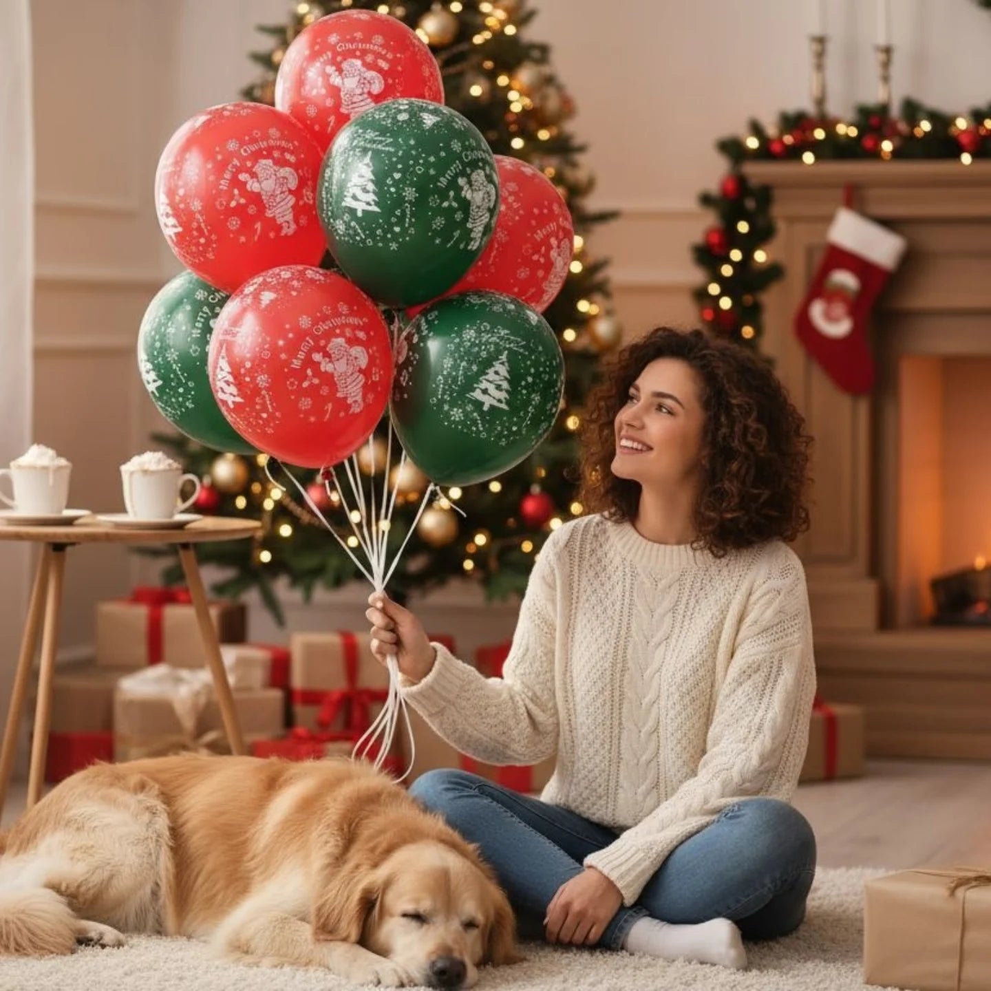 Woman holding holiday balloons next to decorations and gifts, perfect for Christmas party supplies and decorations.