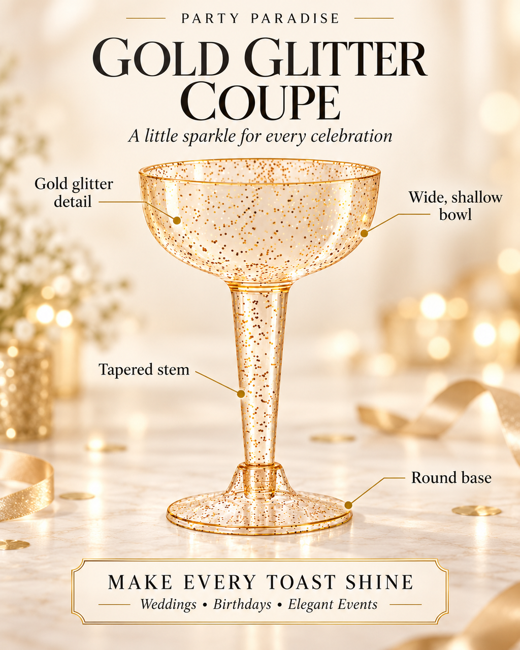 Gold Glitter Coupe drinkware for cocktails wedding party 20PCS