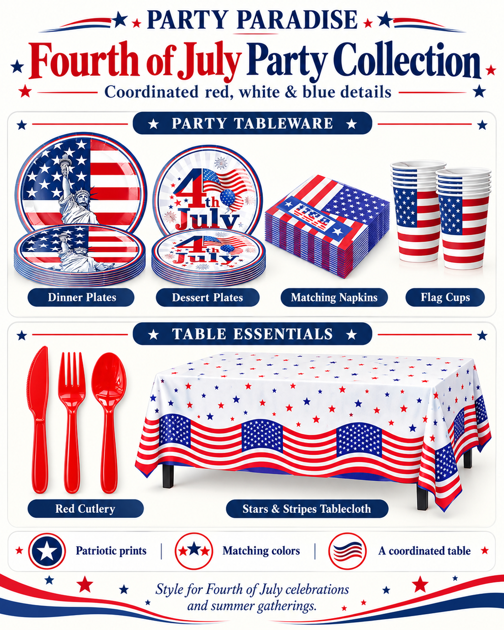 4th July Tableware Sets 91pcs for American Independence Day Party Complete Party Bundle Kits