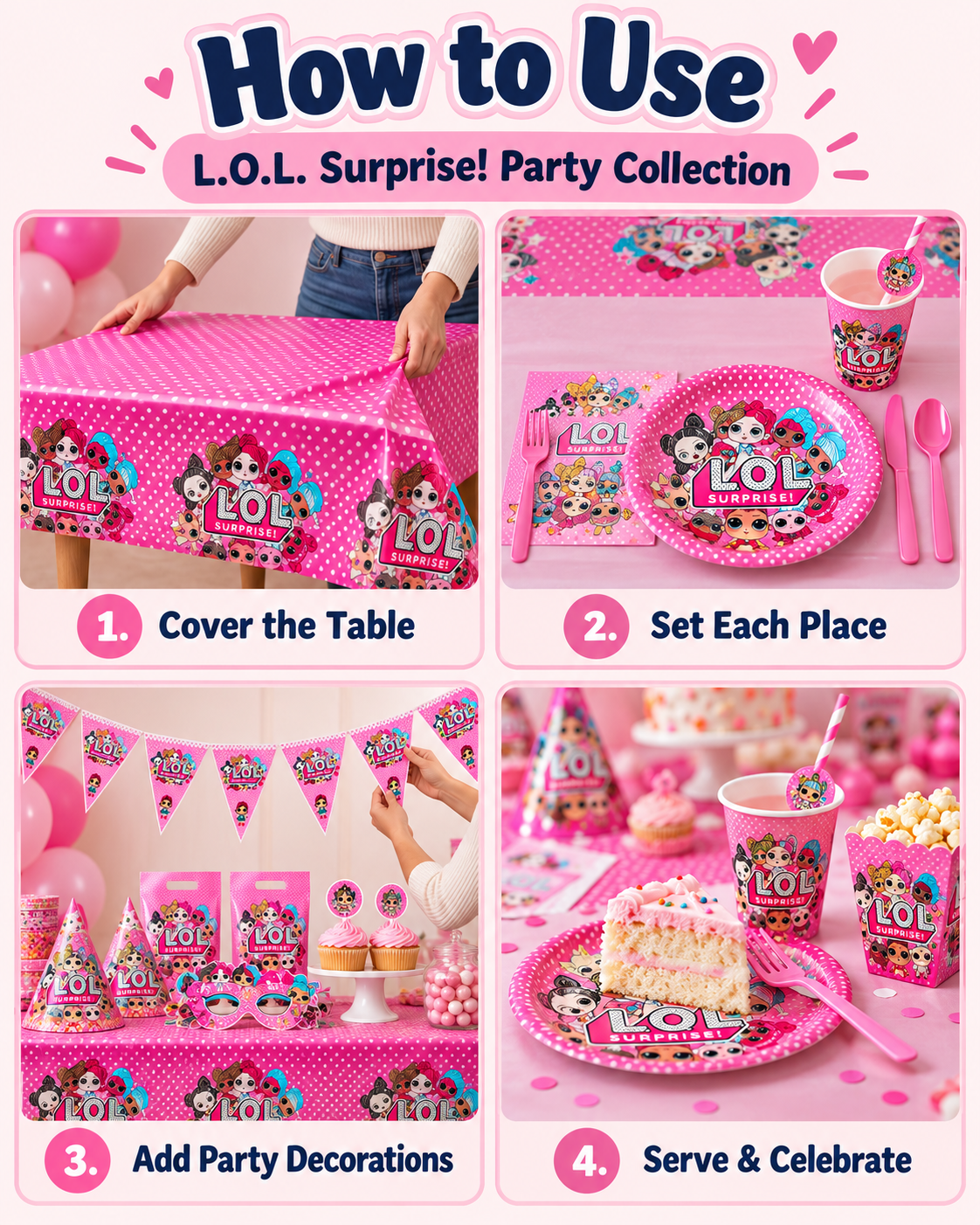 LOL Surprise Doll Tableware 136pc for Kids Birthday Party