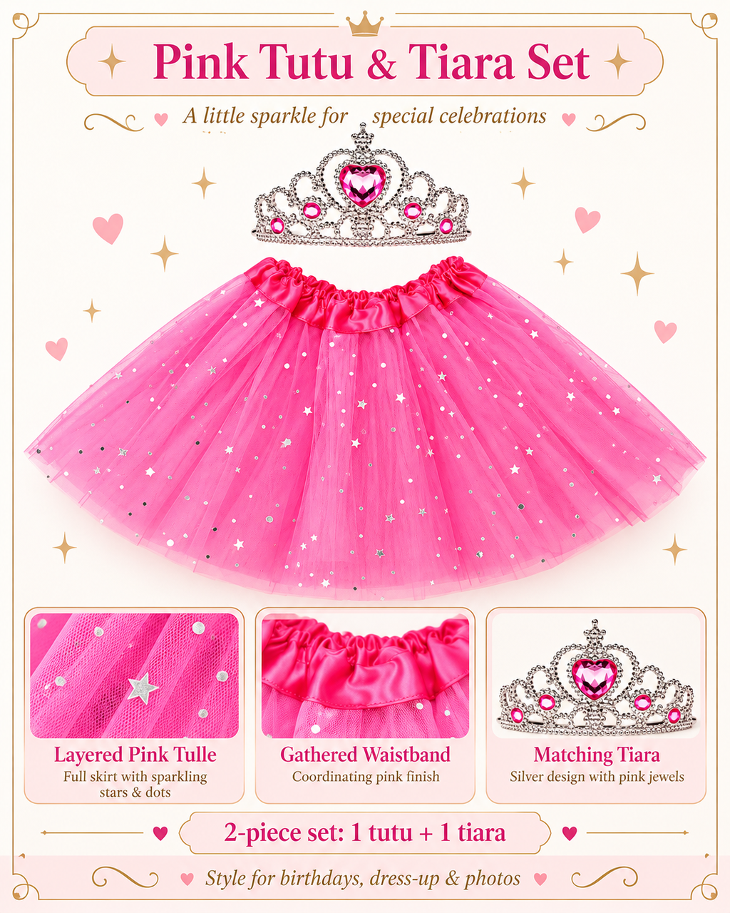 Pink tutu skirt with tiara 2 PCS set for Birthdays, Dress UP or Cosplay