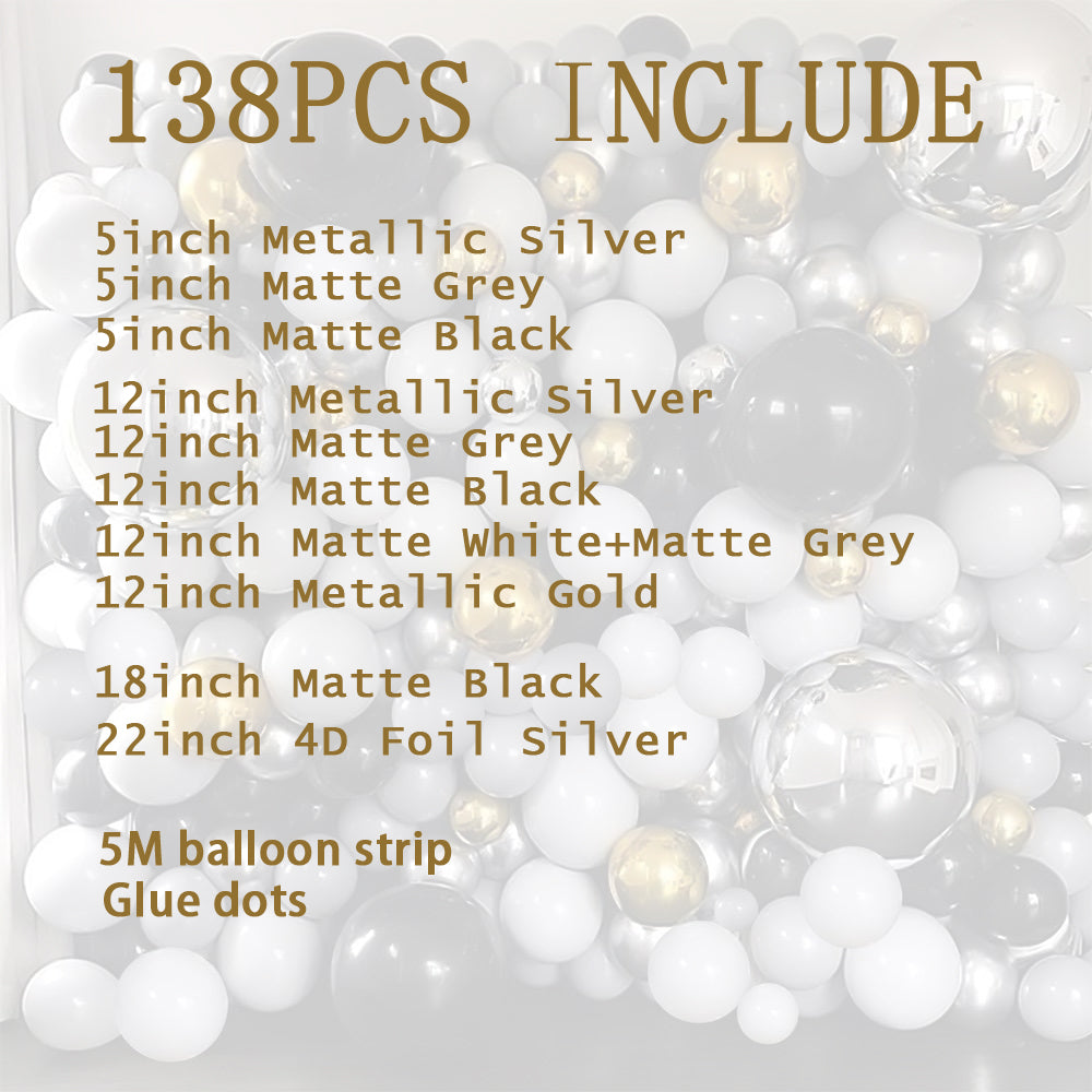 Metallic Silver, Matte Grey Matte Black Balloon Garland Arch Kit 138 pcs for Graduation Weddings Birthdays Anniversary