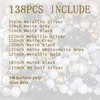 Metallic Silver, Matte Grey Matte Black Balloon Garland Arch Kit 138 pcs for Graduation Weddings Birthdays Anniversary